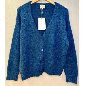 NWT Artlove Brenda Cardigan Sweater Blue Duck V-Neck Wool Mohair Blend